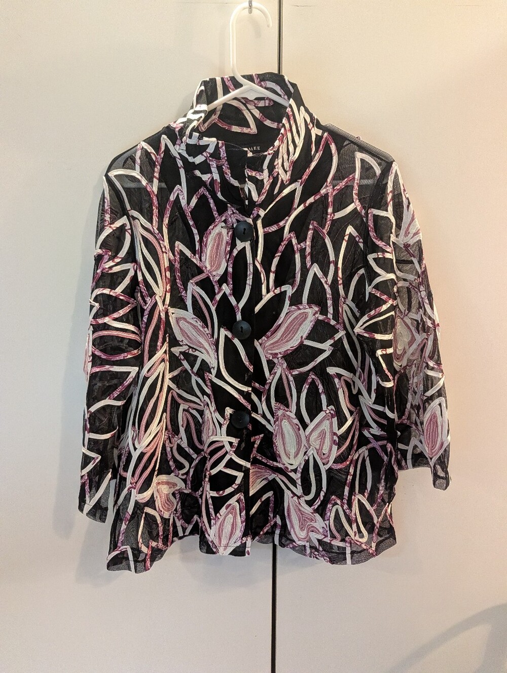 Damee Black Floral Button Front Jacket with Pink and White Accents Large